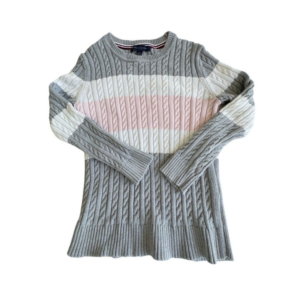 Tommy Hilfiger Gray, Pink, White Cable Knit Sweater Corquette Girls Size Large